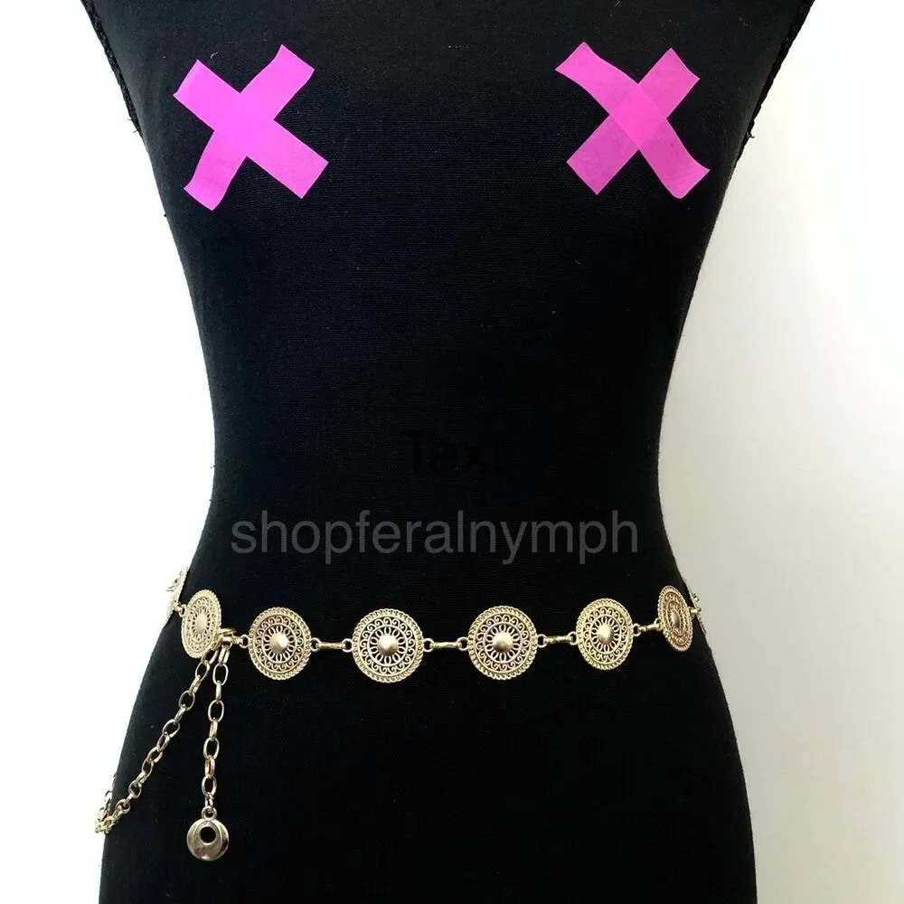 Gold Y2K Textured Round Medallion Boho Chain Belt, Fits 25-44.5 Inches, X7GA1247